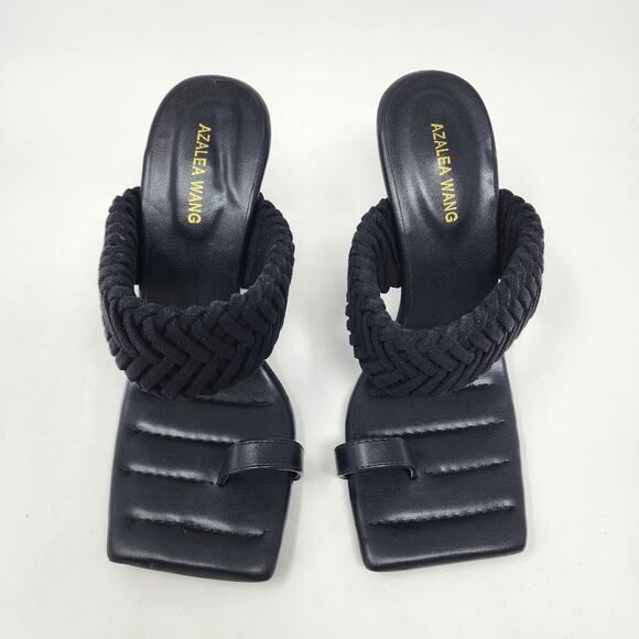Azalea Wang Heels Women 7 Brady Black Braided Strap Square Heel Toe Post EUC - Picture 4 of 10